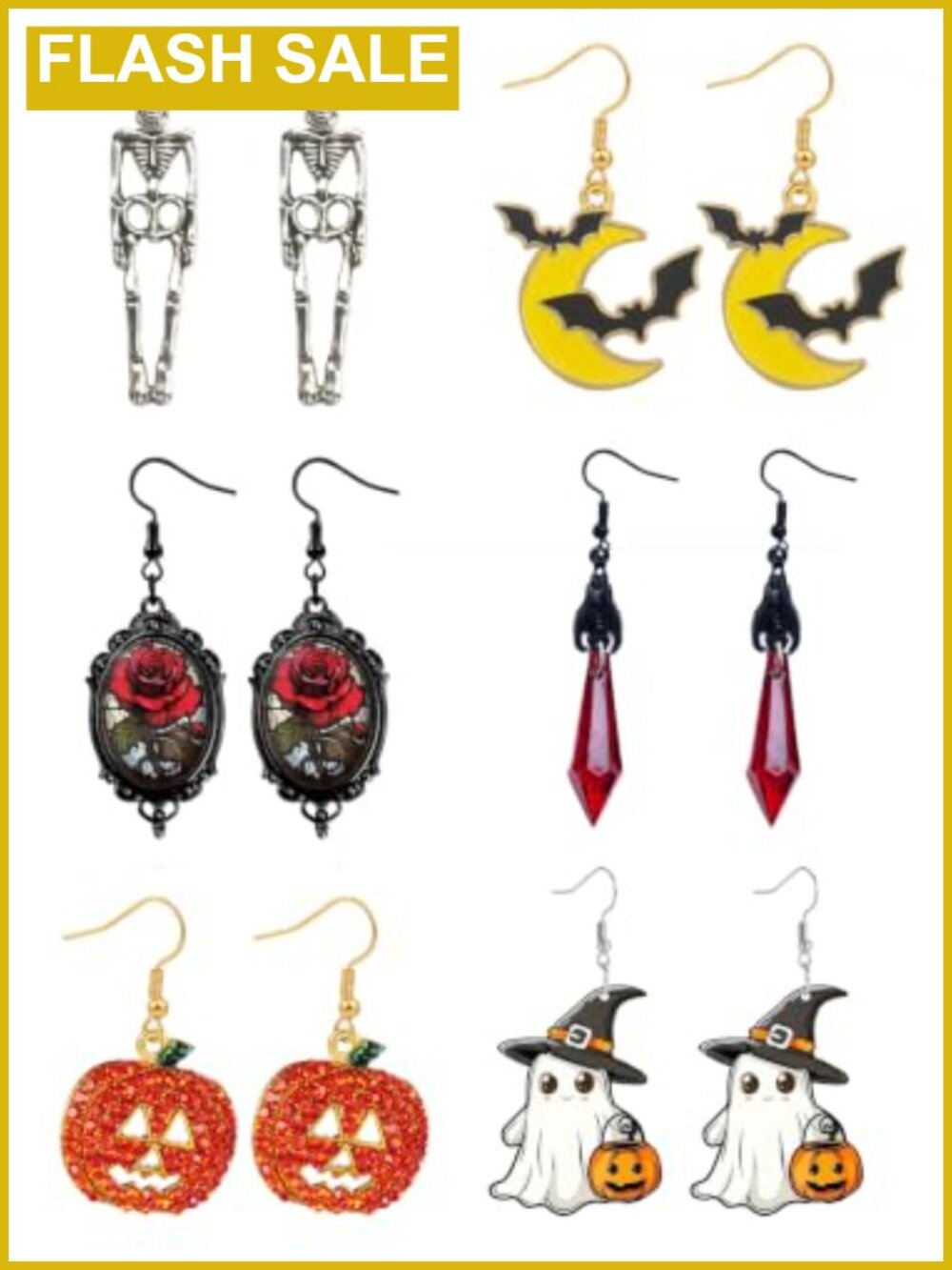 Halloween Dangle Earrings Set Acrylic Zinc 6 Pairs Costume Jewelry Gift Box